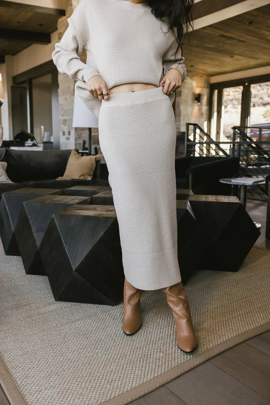 Noelle Waffle Knit Skirt in Taupe