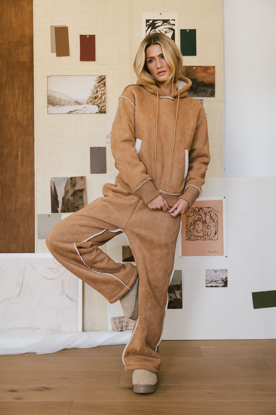 Mattie Faux Shearling Hoodie in Camel