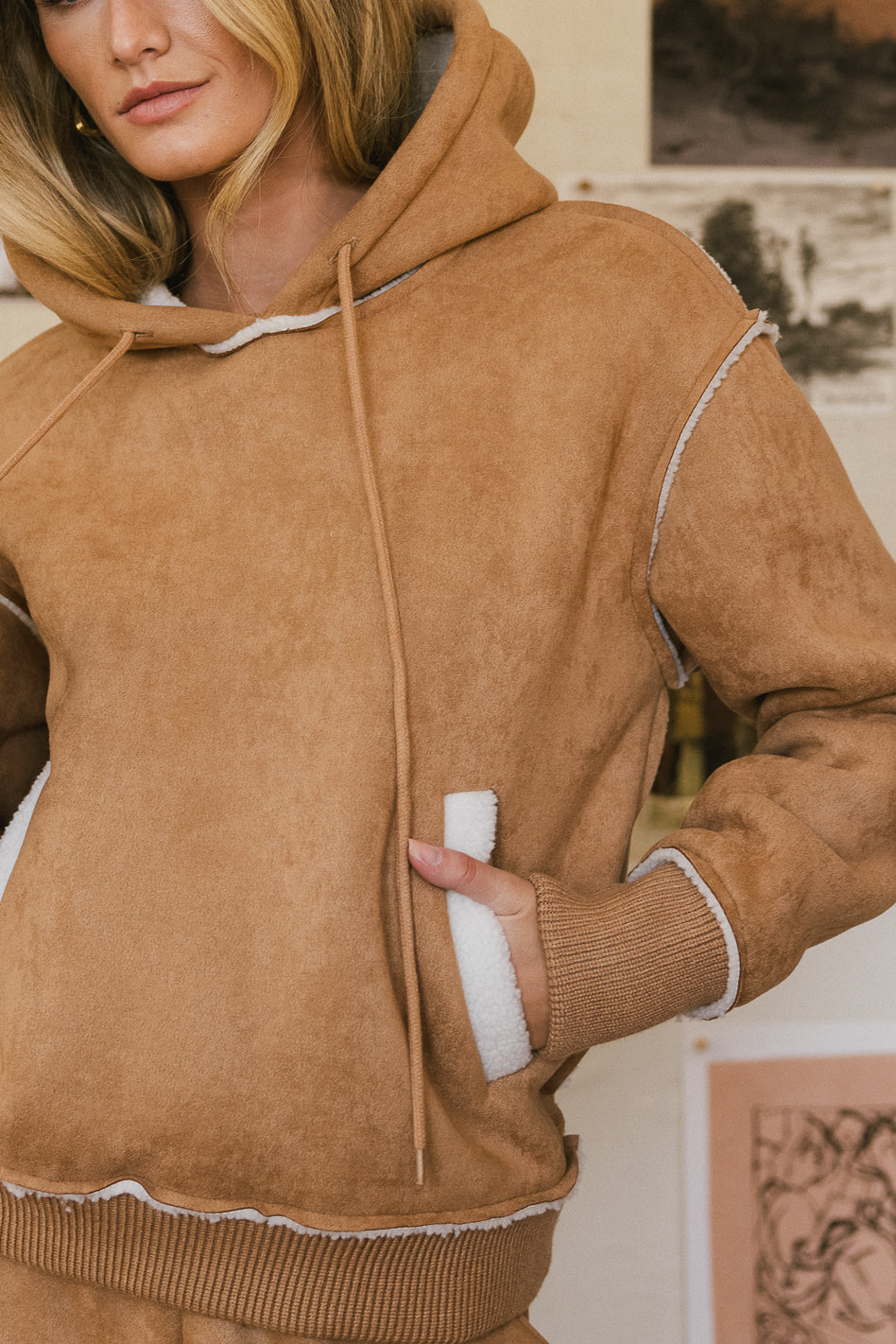 Mattie Faux Shearling Hoodie in Camel